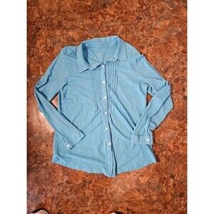J Jill Blue Slub Cotton Pintucked Button Up Blouse  Medium‎ (A14)